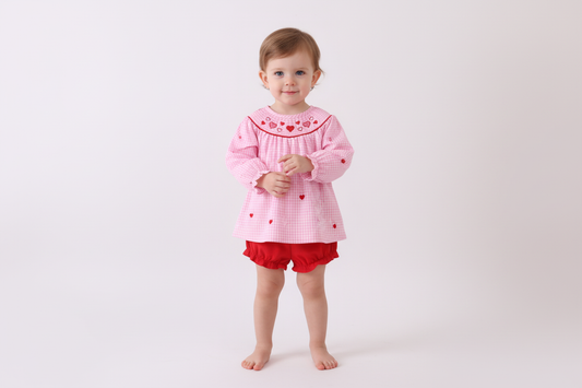 Pink heart smocked gingham bloomer set