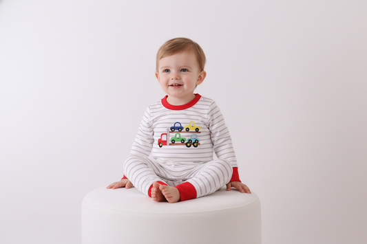 Red car embroidery stripe romper