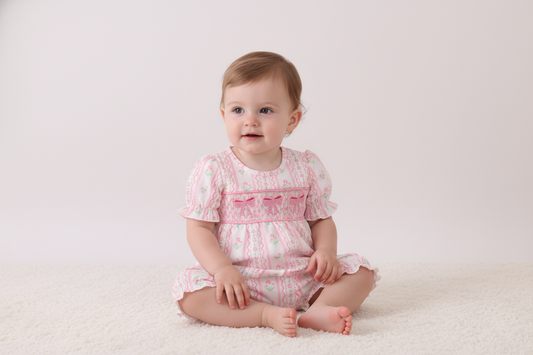 Pink floral bow smocked bubble