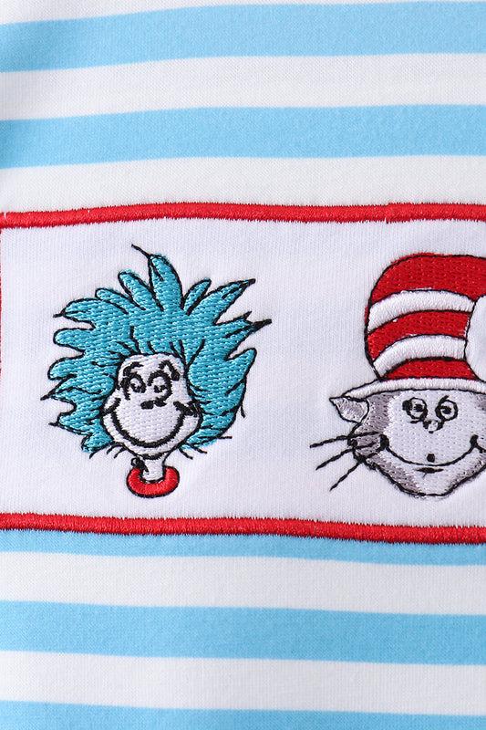 Blue character embroidery stripe romper