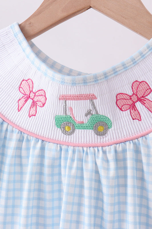 Blue golf cart smocked ruffle shorts set