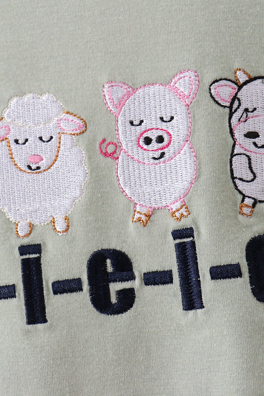 Green farm animal embroidery shorts set