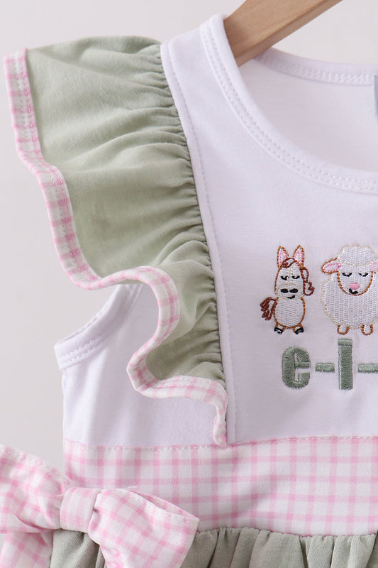 Pink farm animal embroidery ruffle shorts set