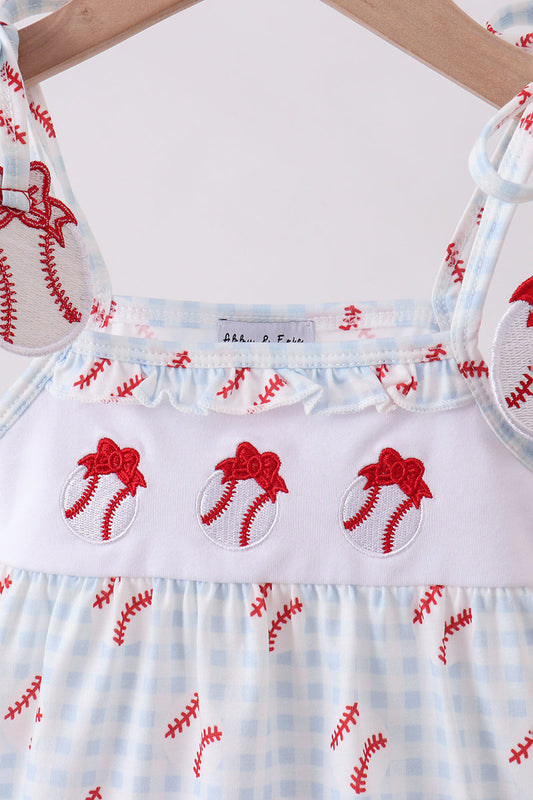Baseball applique ruffle gingham bubble