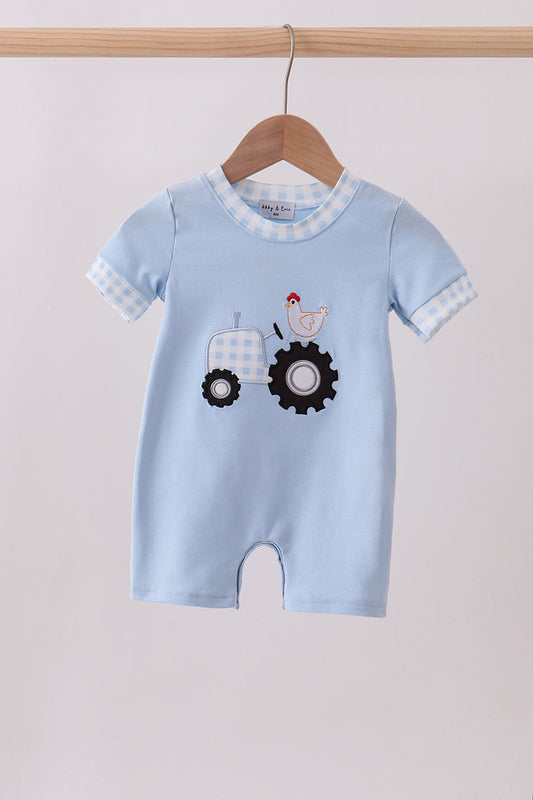 Blue tractor applique romper
