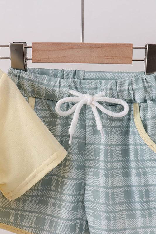 Yellow bunny applique plaid shorts set