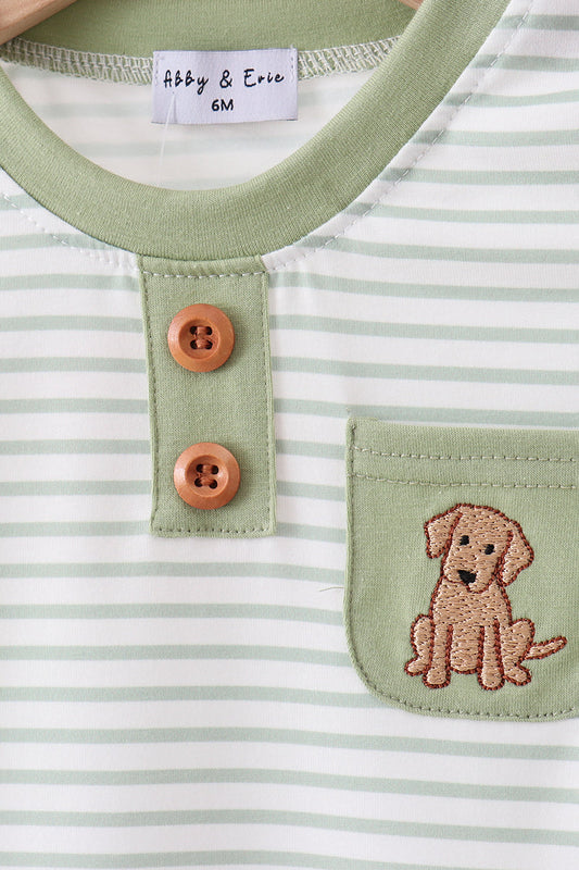 Sage stripe puppy embroidery romper