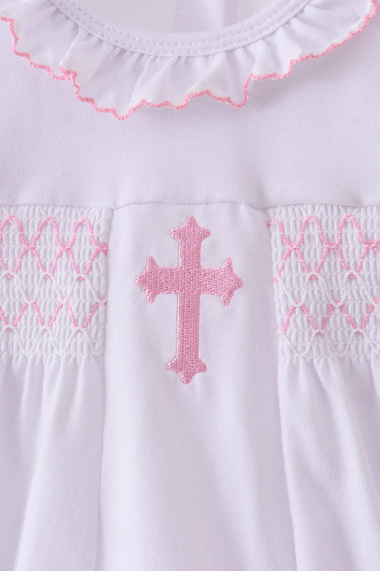 White cross smocked ruffle bubble