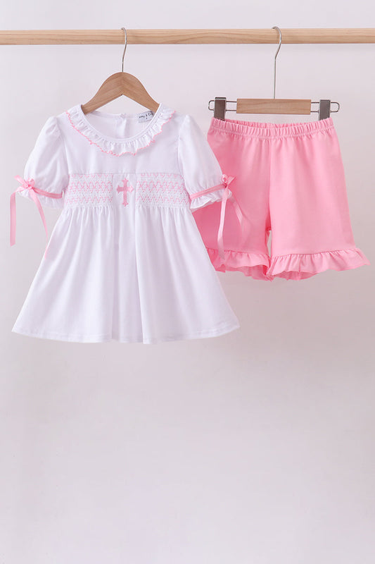 White cross smocked ruffle shorts set