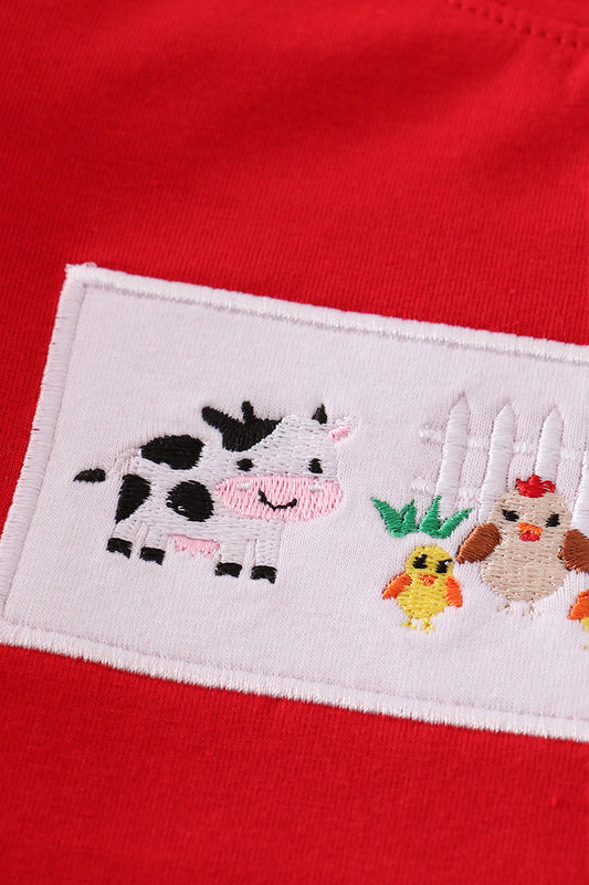 Red farm embroidery plaid pants set