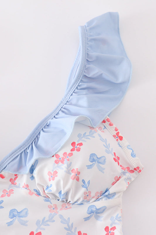 Blue bow lattice print mom swimsuit