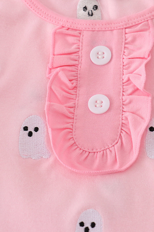 Pink ghost embroidery ruffle pajamas set
