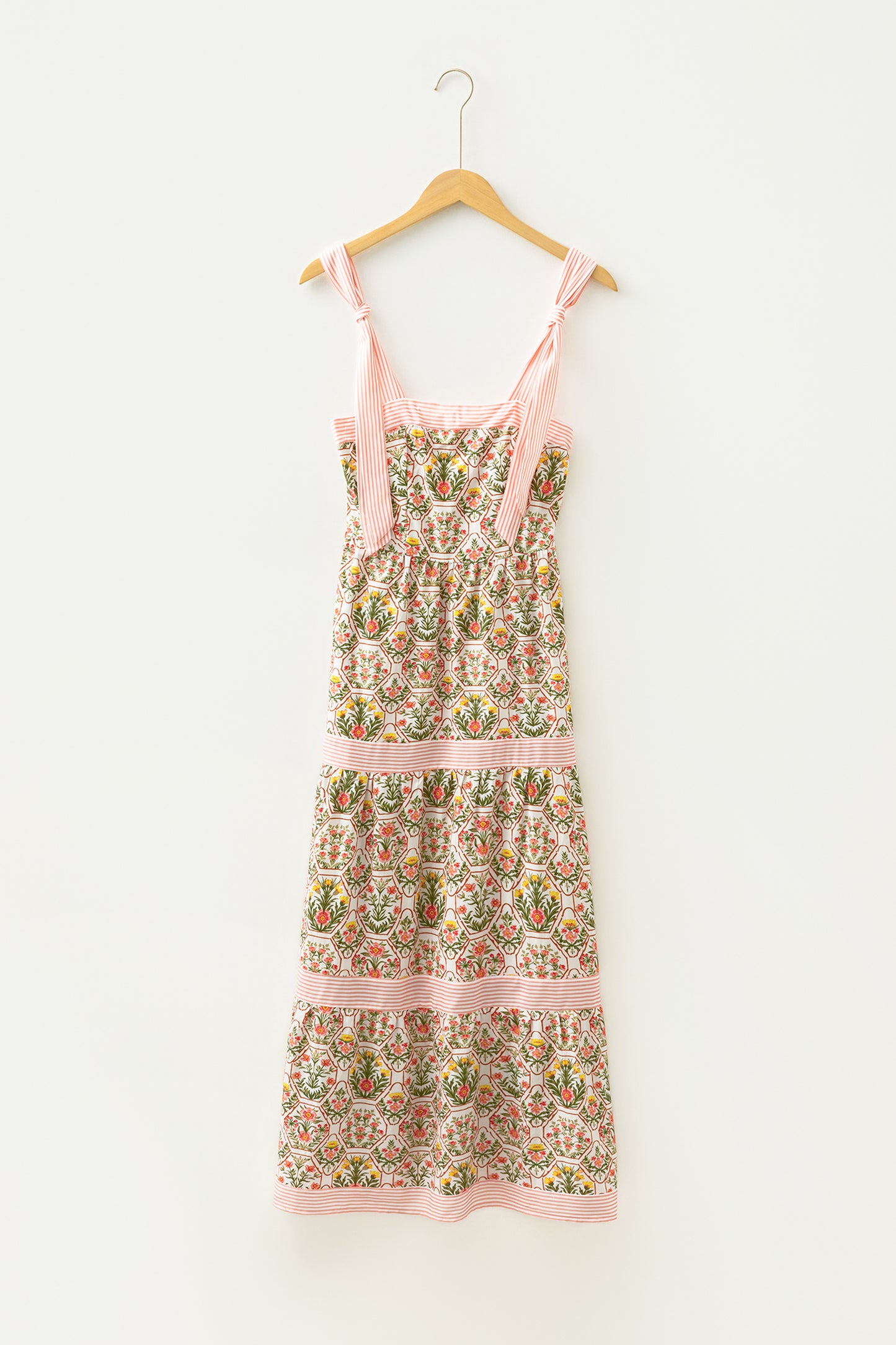 Green Geometric Floral Print Striped Patchwork Detail Sleeveless Dress(Runs Small )