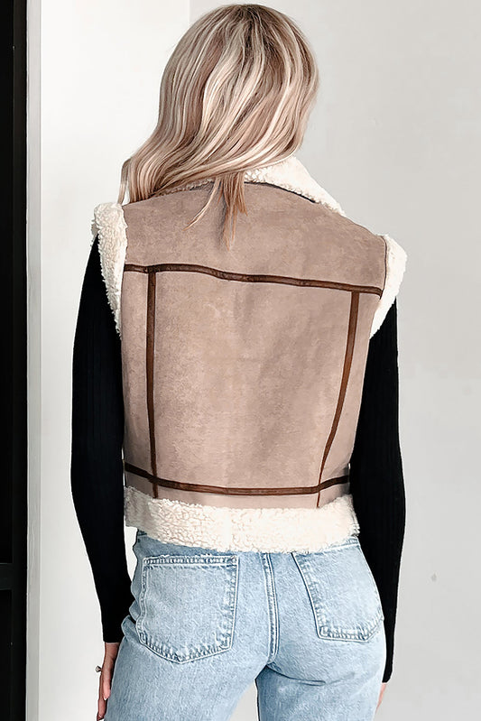 Dark Khaki Sherpa Lined Faux Suede Lapel Collar Vest