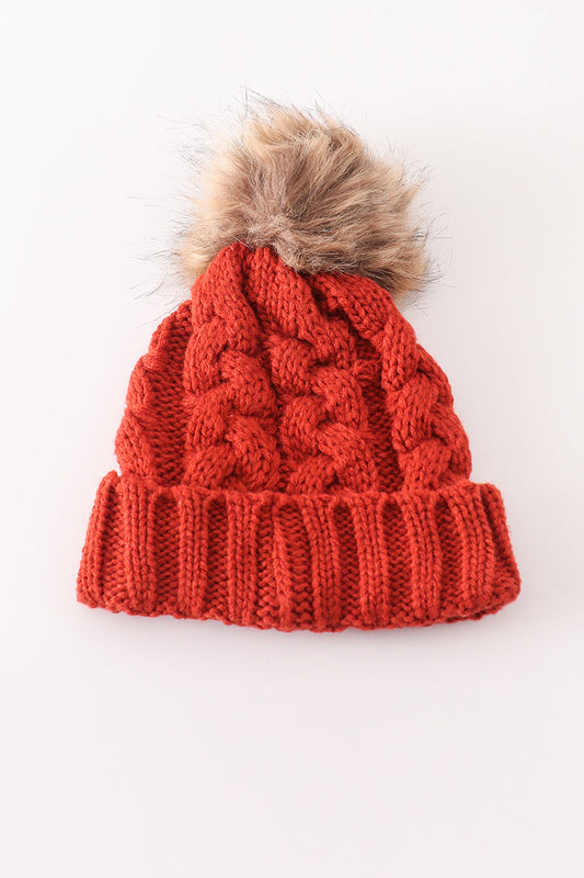 Caramel pompom cable beanie hat
