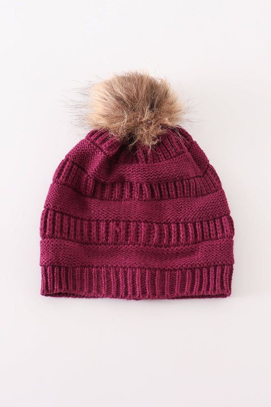 Violet pompom cable beanie hat