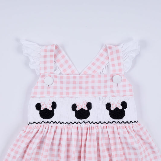 Pink character hand smocked gingham ruffle dress