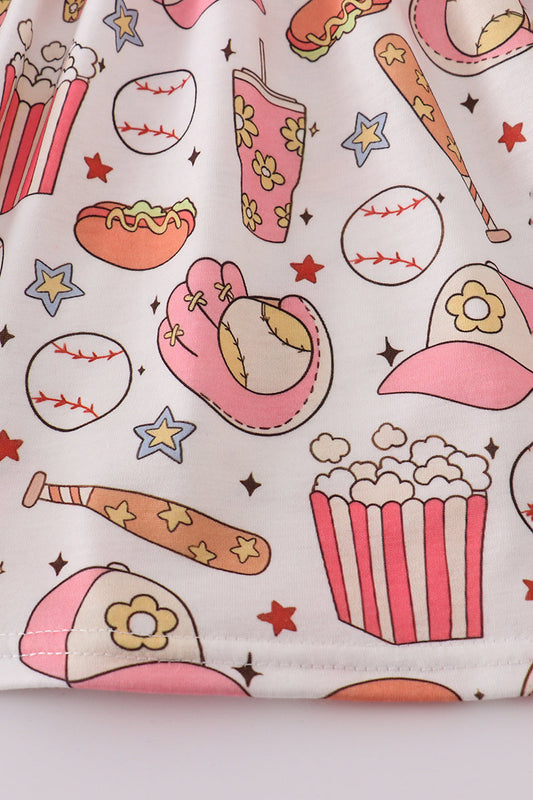 Pink baseball print gingham ruffle shorts set