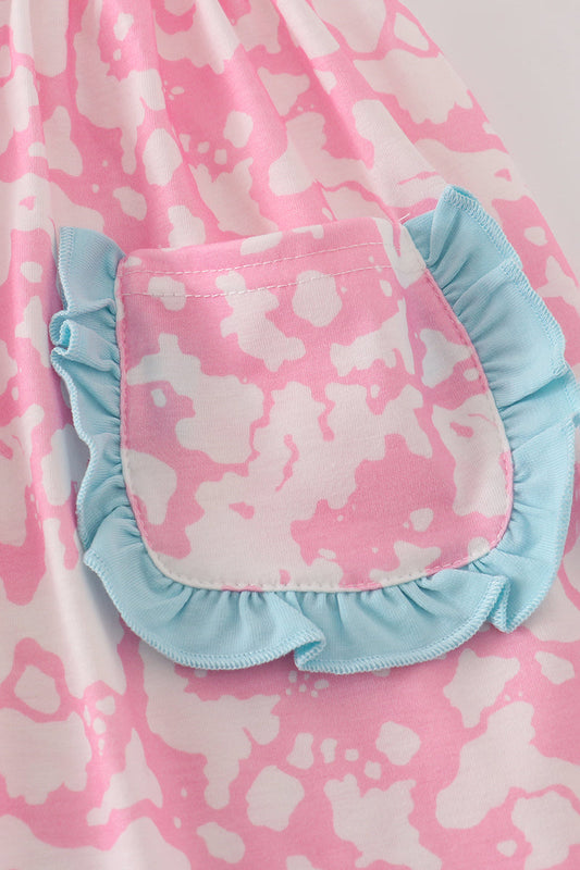 Pink strawberry milk cow embroidery ruffle dress