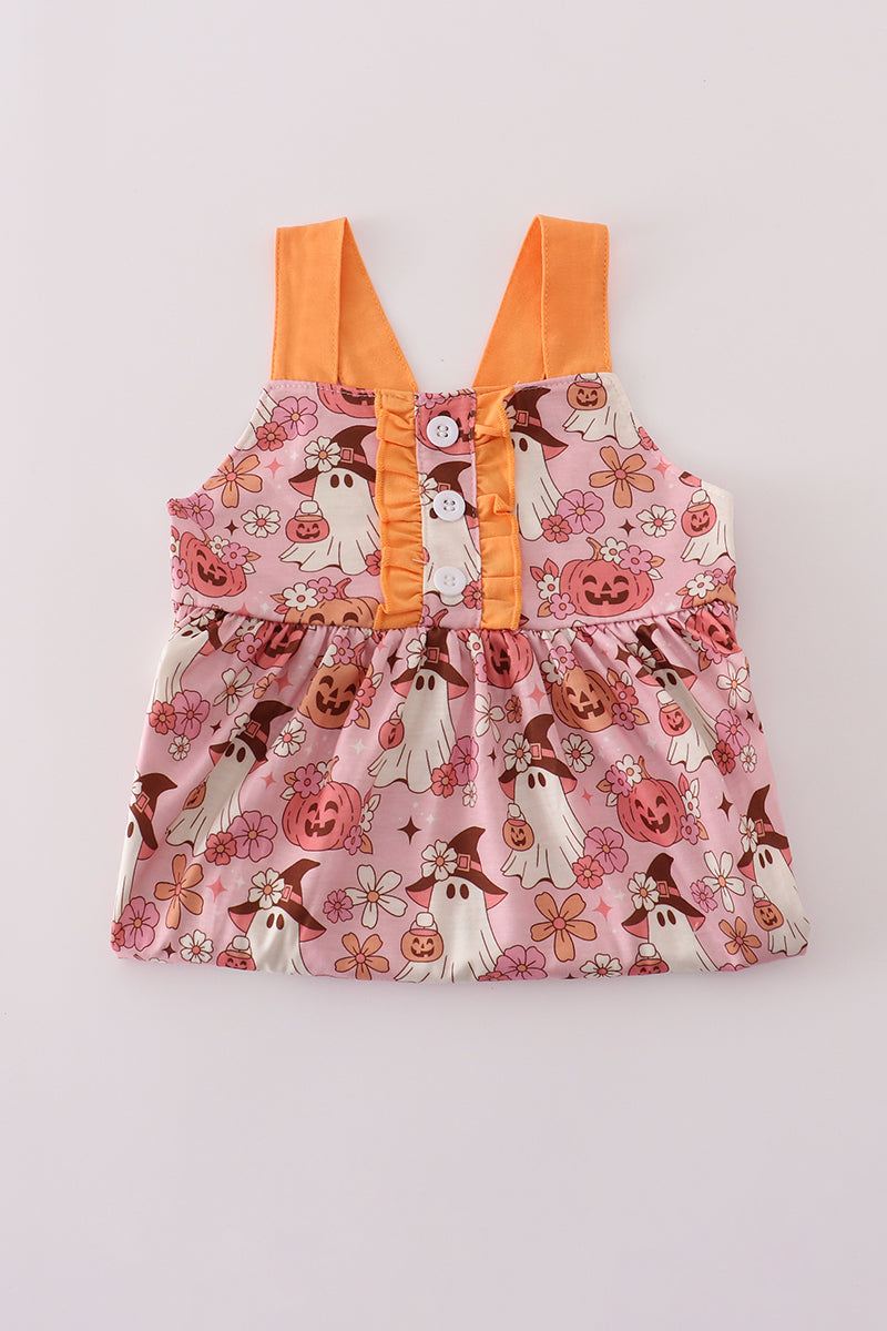 Pink pumpkin ghost print ruffle dress