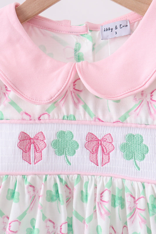 Pink clover bow embroidery shorts set