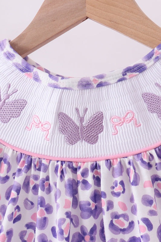 Purple leopard butterfly smocked shorts set