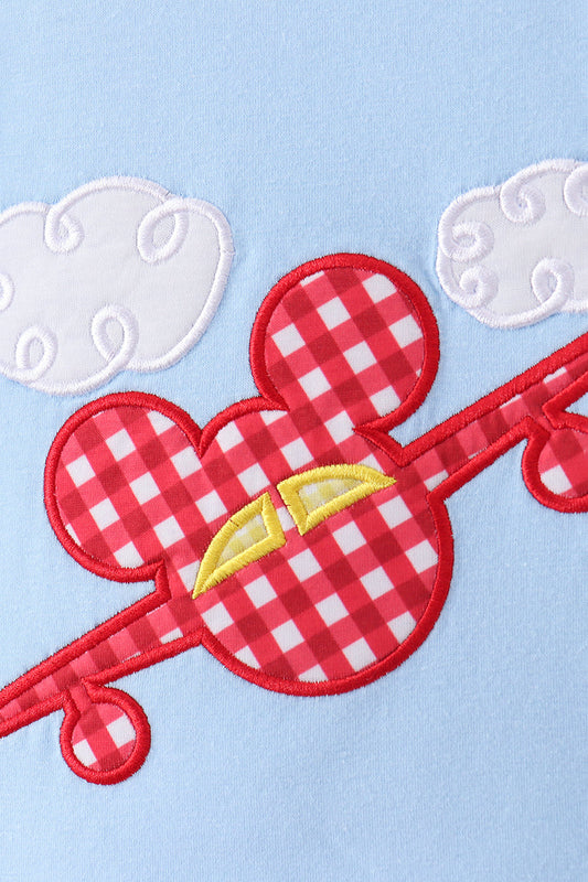 Blue character plane applique shorts set