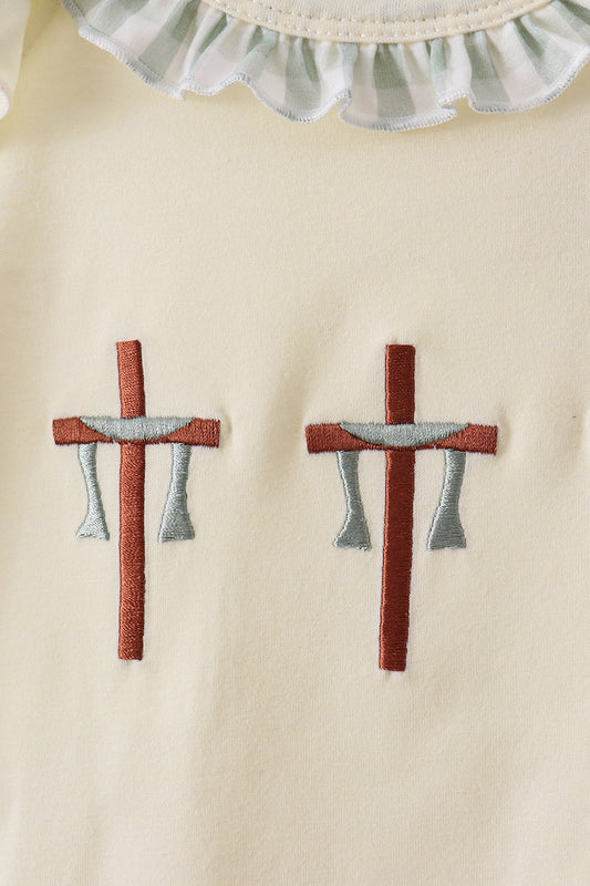 Green cross embroidery gingham ruffle shorts set