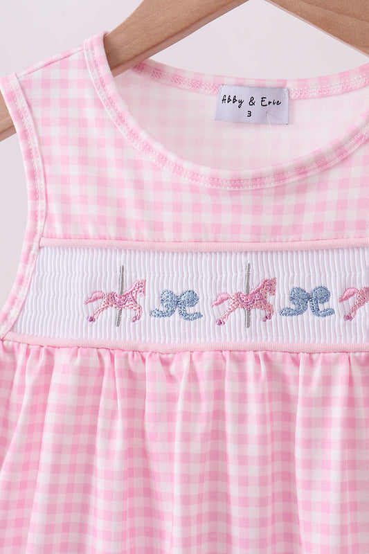 Pink horse bow smocked gingham dress
