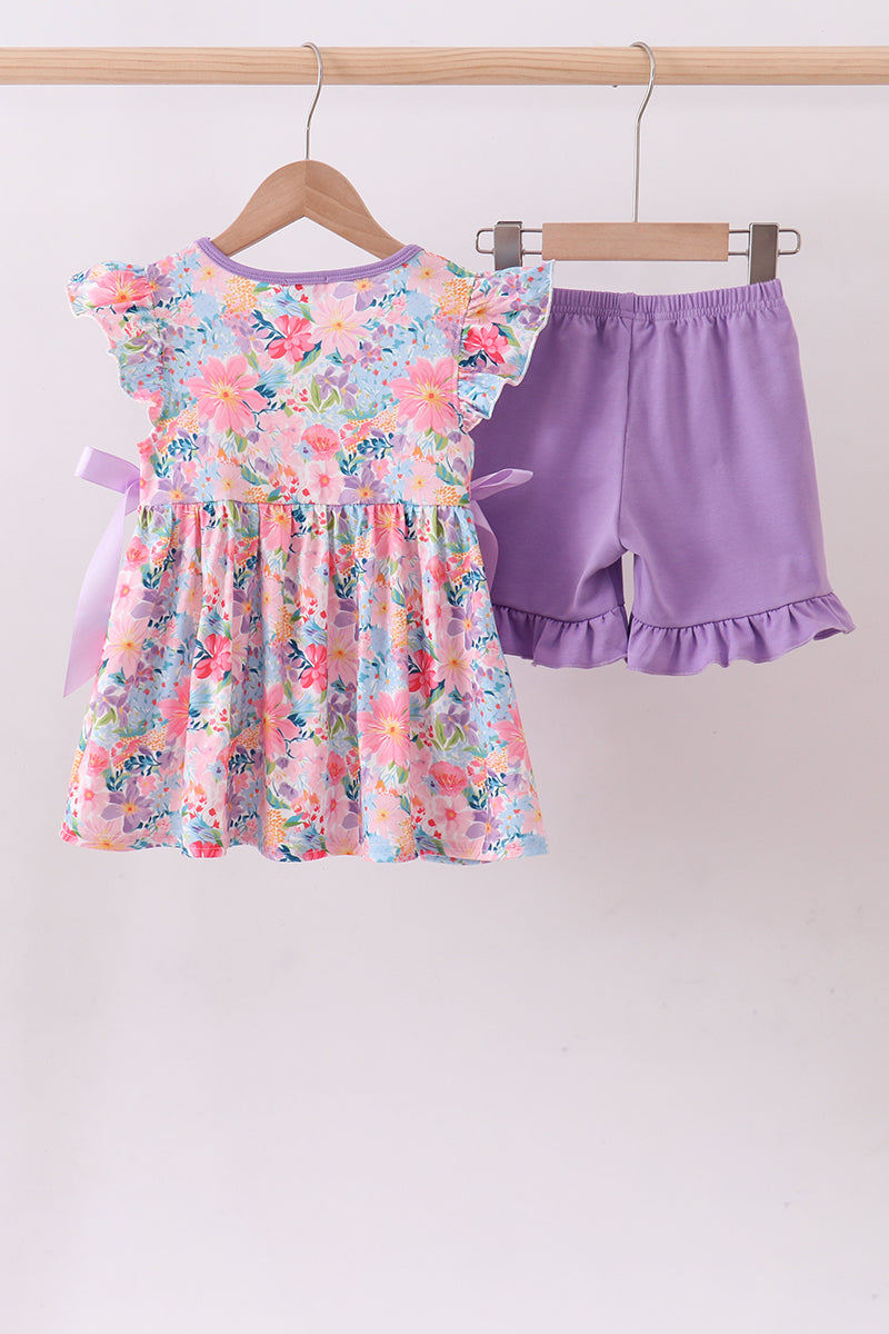 Purple floral daddy's girl smocked ruffle shorts set