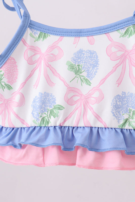Blue bow floral ruffle 2pc swimsuit