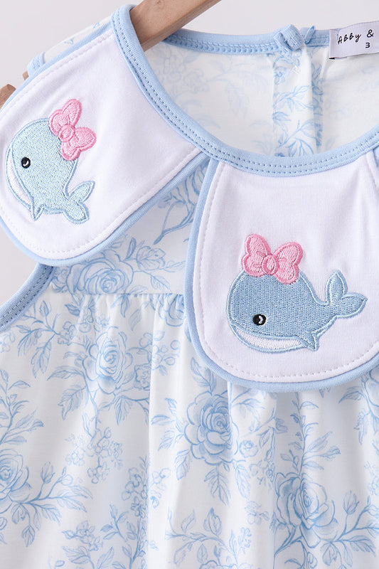 Blue whale embroidery ruffle shorts set