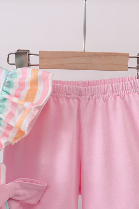 Multicolored stripe marine embroidery ruffle shorts set