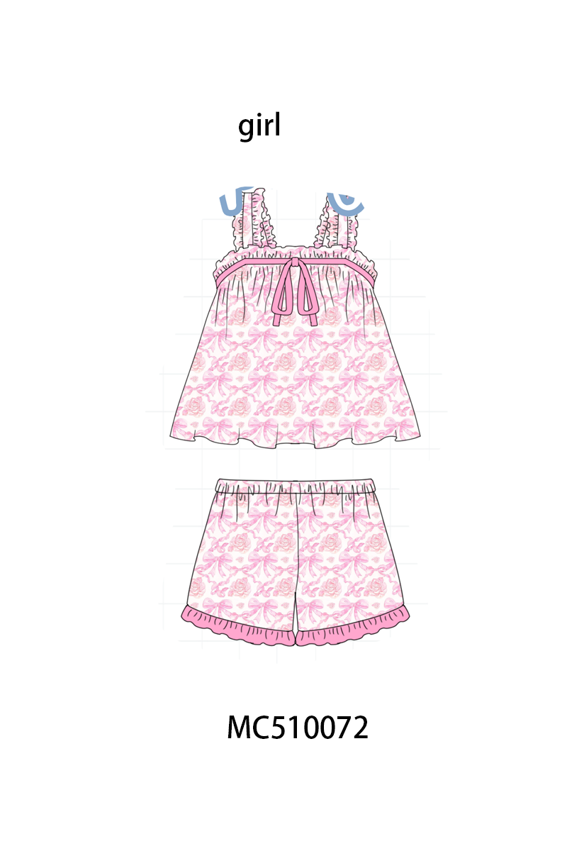 Pink floral print bow ruffle shorts set