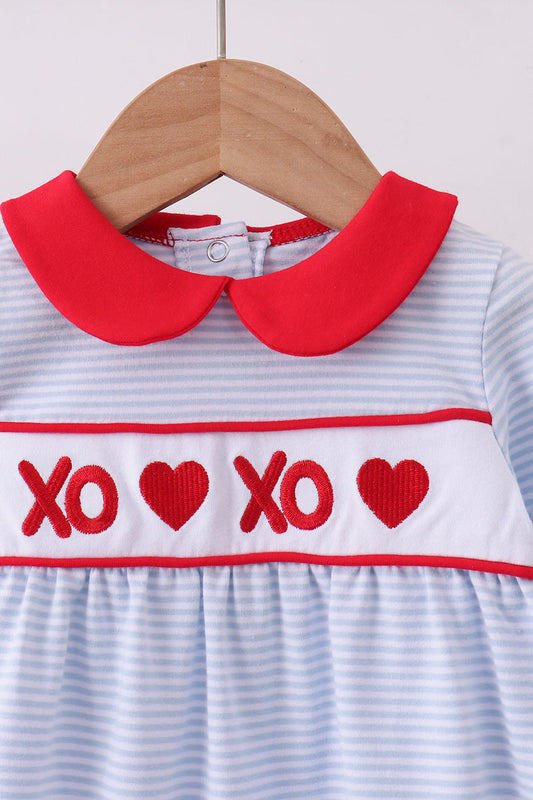 Blue valentine's day heart embroidery romper