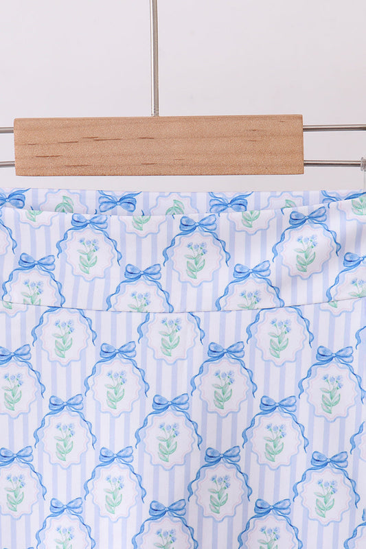 Blue bow floral active skorts set