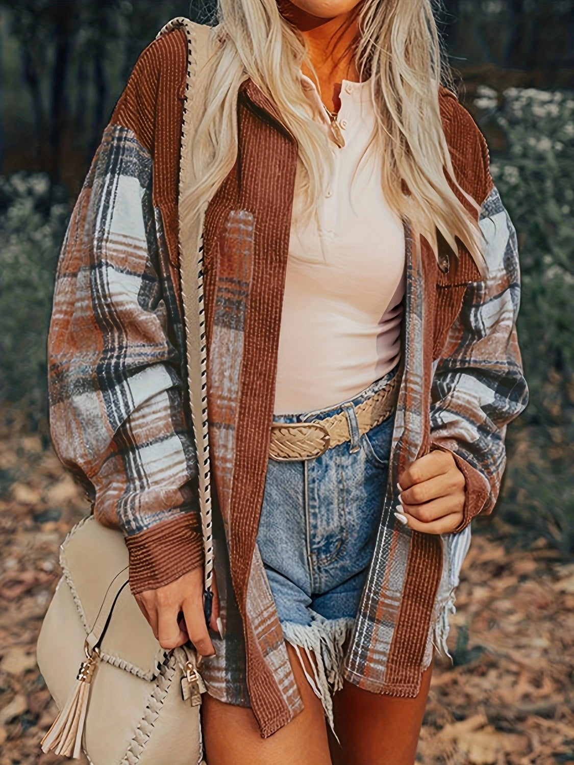 Plaid Collared Neck Button Up Shacket