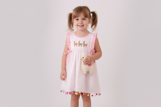 Pink alpaca embroidery ruffle dress