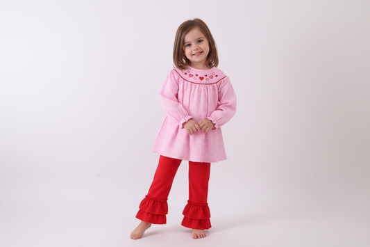 Pink heart smocked gingham ruffle pants set