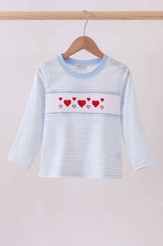 Blue heart smocked stripe top