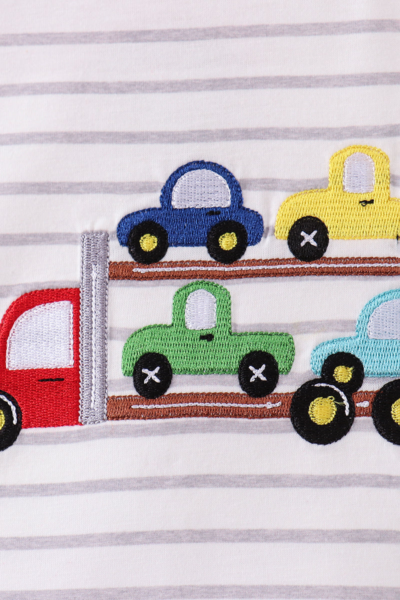 Red car embroidery stripe top