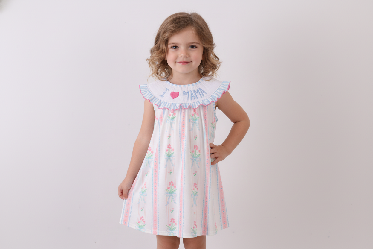 Blue floral I love MAMA smocked ruffle dress