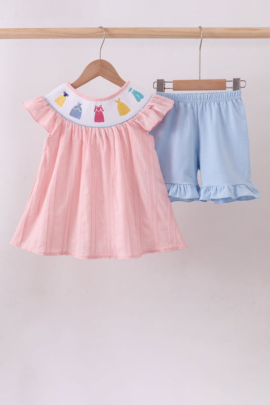 Pink princess smocked ruffle shorts set