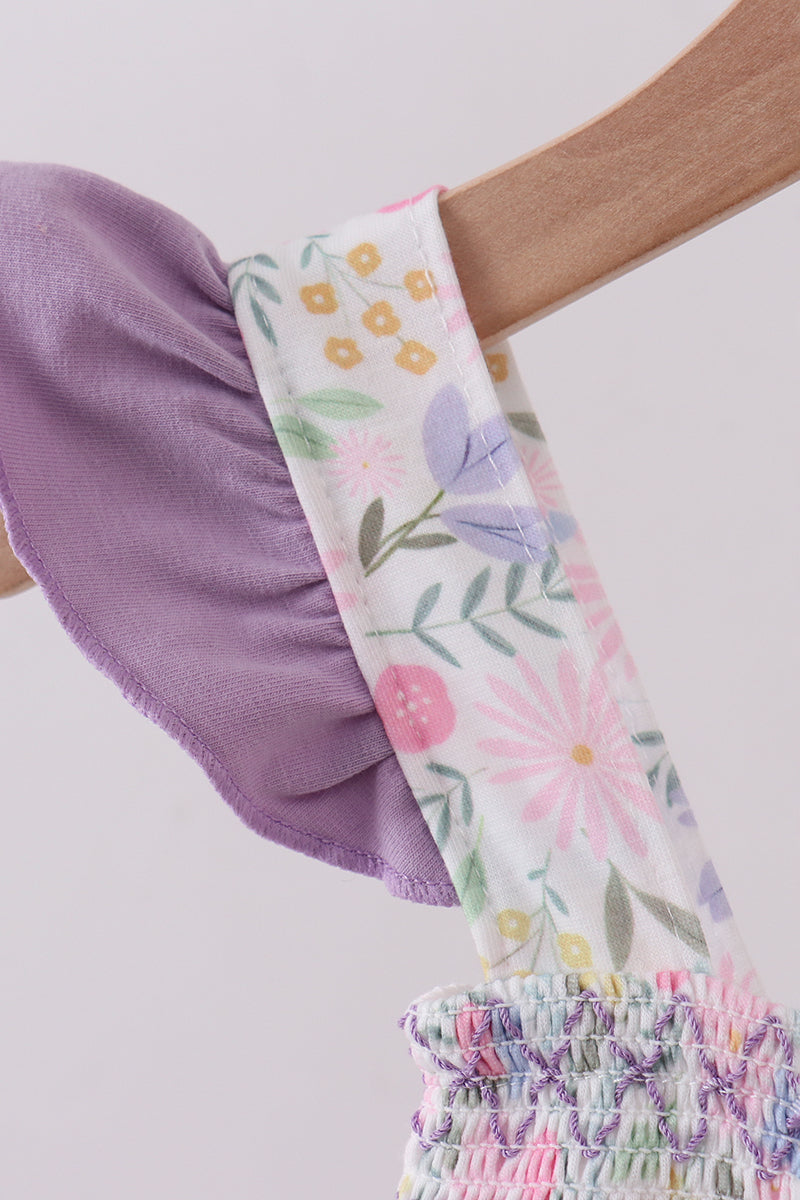 Purple floral smocked ruffle bubble