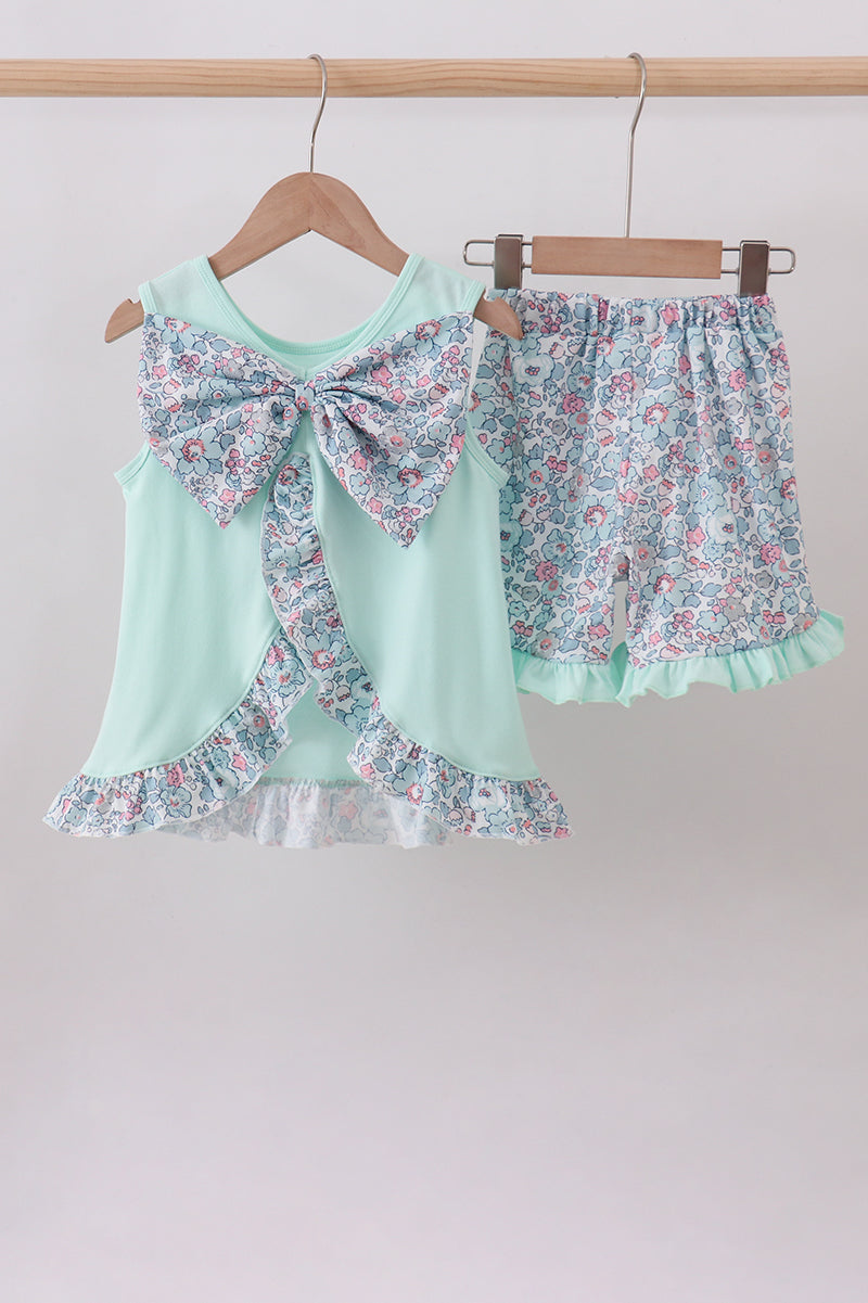 Mint floral character applique ruffle shorts set
