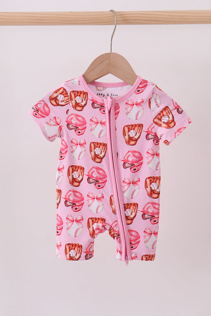 Pink bow baseball bamboo romper
