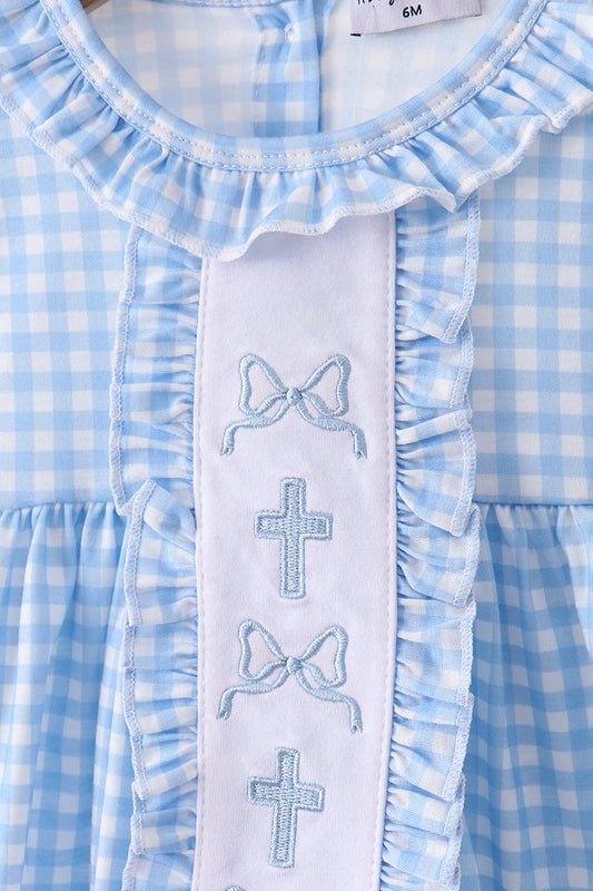 Blue cross bow embroidery ruffle gingham bloomer set