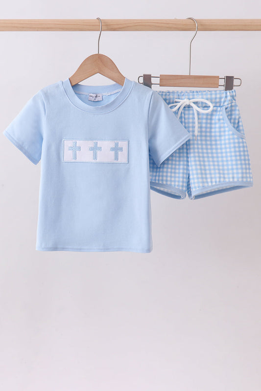 Blue cross embroidery gingham shorts set