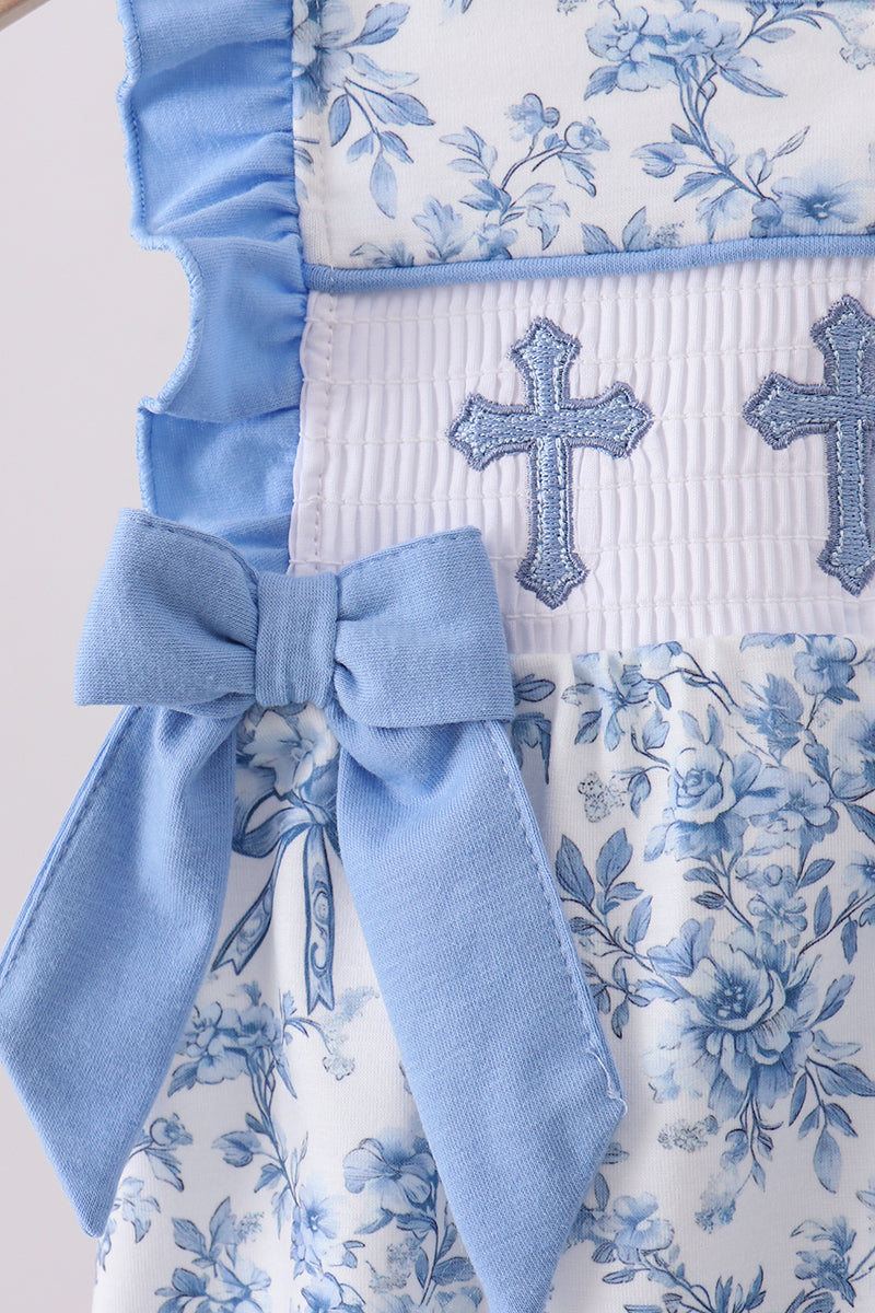 Blue floral cross smocked ruffle bubble