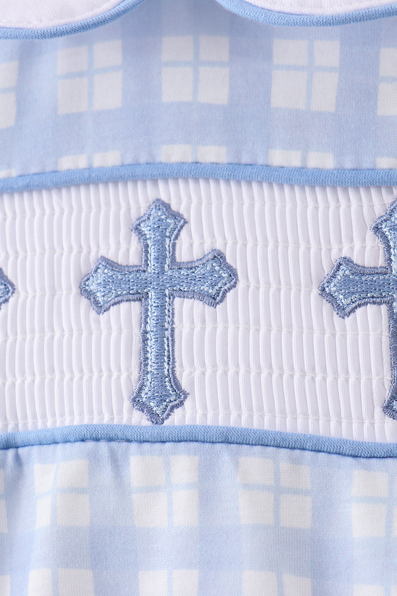 Blue cross smocked plaid bubble
